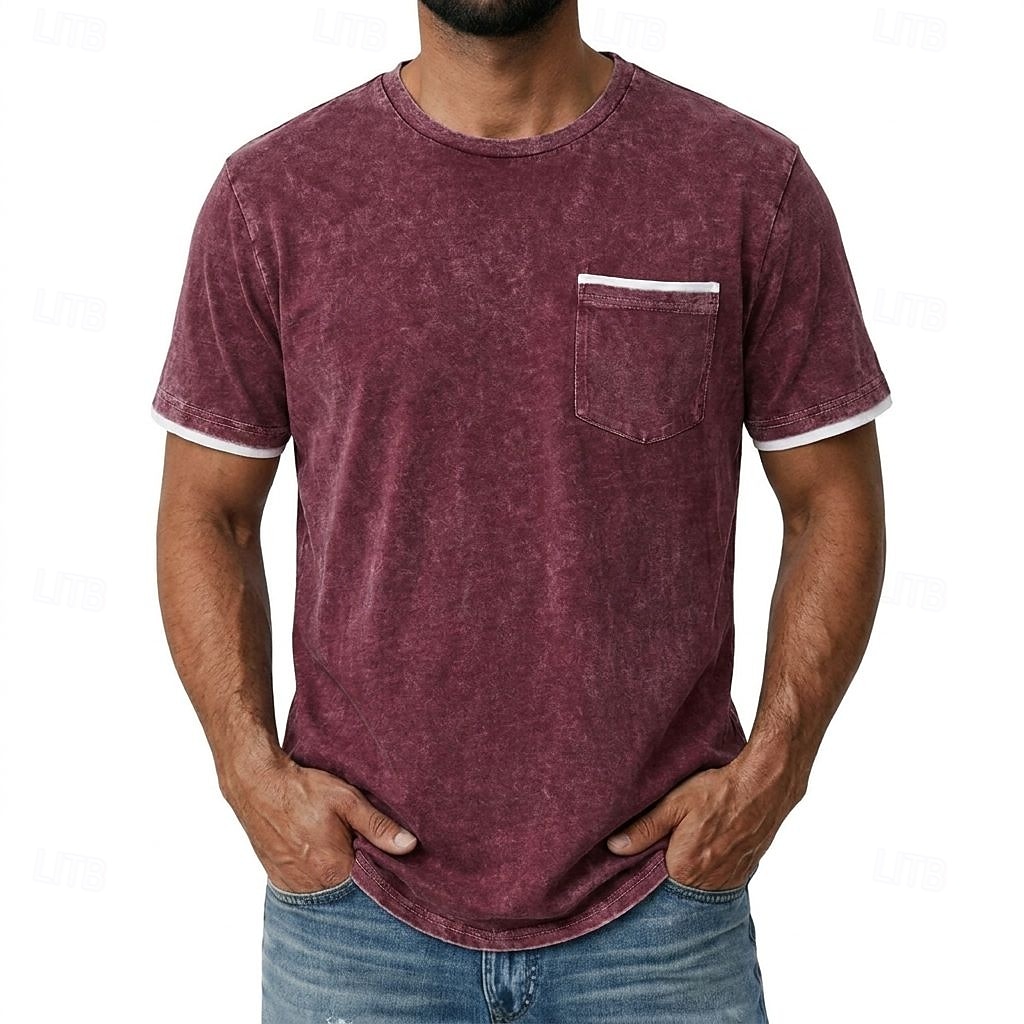 Voor heren T-shirt Overhemd van 100% katoen met zure wassing Korte mouw Strakke ronde hals Zomer Lente Herfst Effen Retro vintage Casual Zak Vintagestijl Verdrietig Casual blauw Grijs Bordeaux Top 2026 - $32.99 –P1