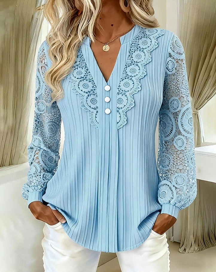 Women's Shirt Eyelet Top Boho Shirt Lace Shirt Lace Solid Color Plain Elegant Bohemia Active Long Sleeve Long Tops Casual Blue Black Brown Green Beige Summer Spring Fall 2026 - $12.49 –P4