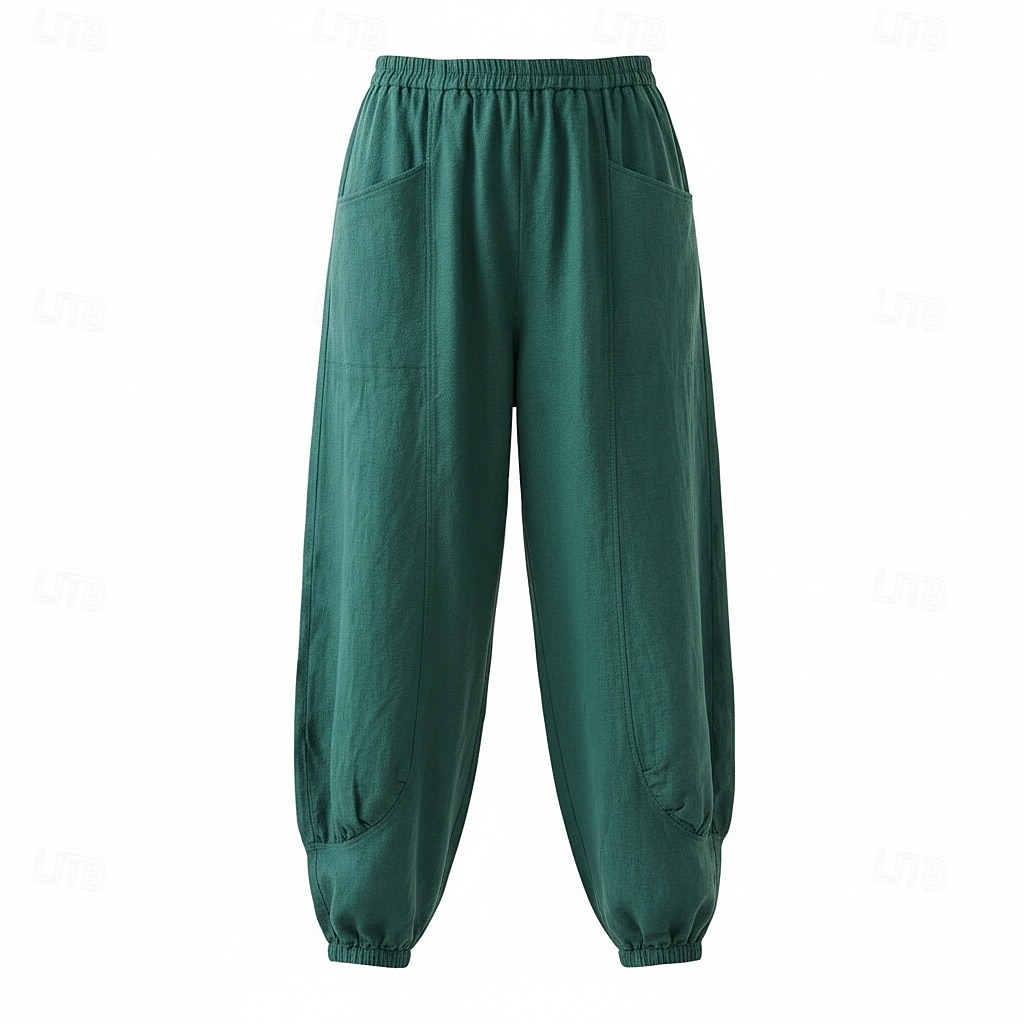 Pantalon large en lin pour femme, taille mi-haute, poches pleine longueur, ceinture élastique, couleur bordeaux et bleu azur, idéal pour les vacances de 2026 ? $49.99 –P5