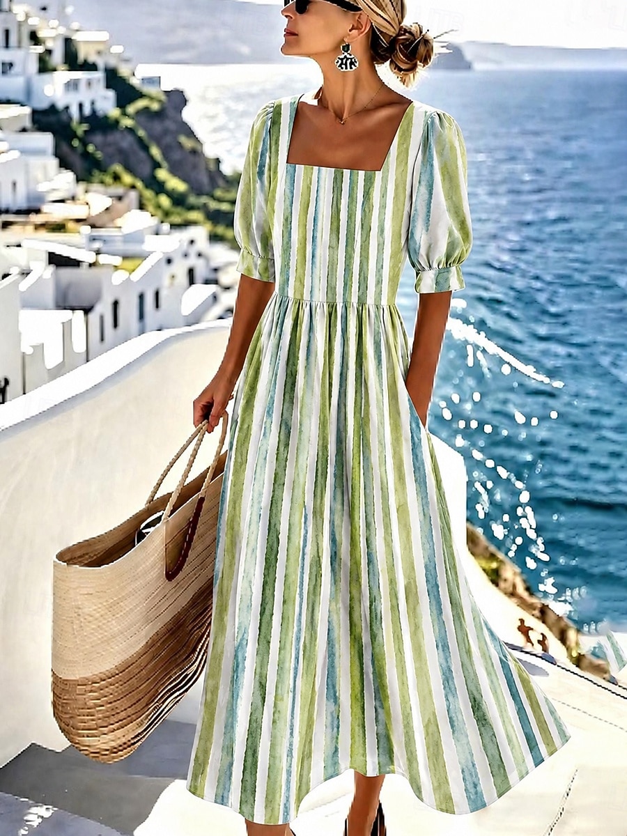 Femmes Robe Midi Robe trapèze Vacances Occasionnel Plage Fête Coupe régulière Graphique Géométrique Manche Courte Col carré Bleu Vert Claire Vert Été Printemps de 2026 ? $49.99 –P2