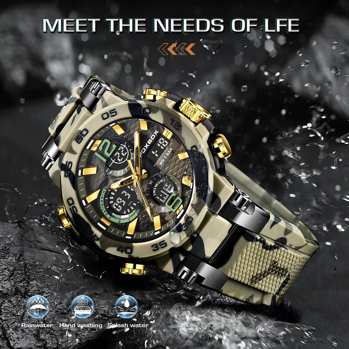 Foxbox heren militair sporthorloge, camouflage tactisch 50m waterdicht analoog digitaal horloge met dubbele display, quartz uurwerk, alarm, chronograaf en datumweergave, robuust outdoor polshorloge 2026 - $33.99 –P10