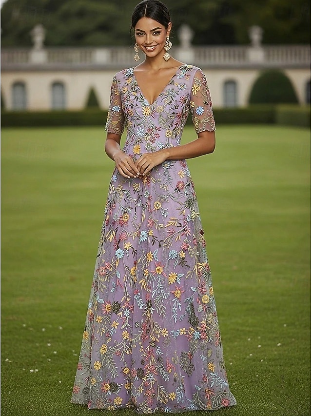 Corte A Vestidos Hasta el Suelo Vestido de Fiesta Vestido Cóctel Vestido de Madrina Media Manga Escote Elegante Vintage Lujoso Formal Invitado a la boda El derby de Kentucky Tul con Estampado flor 2026 - $182.99 –P9