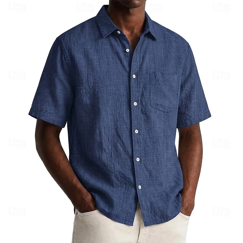 Men Shirt Linen Shirt Summer Shirt Beach Wear Button Up Shirt Plain Casual Daily Black Navy Blue Sky Blue Khaki Short Sleeve Collar Spring & Summer Summer Clothing Apparel Pocket 2026 - $24.99 –P5