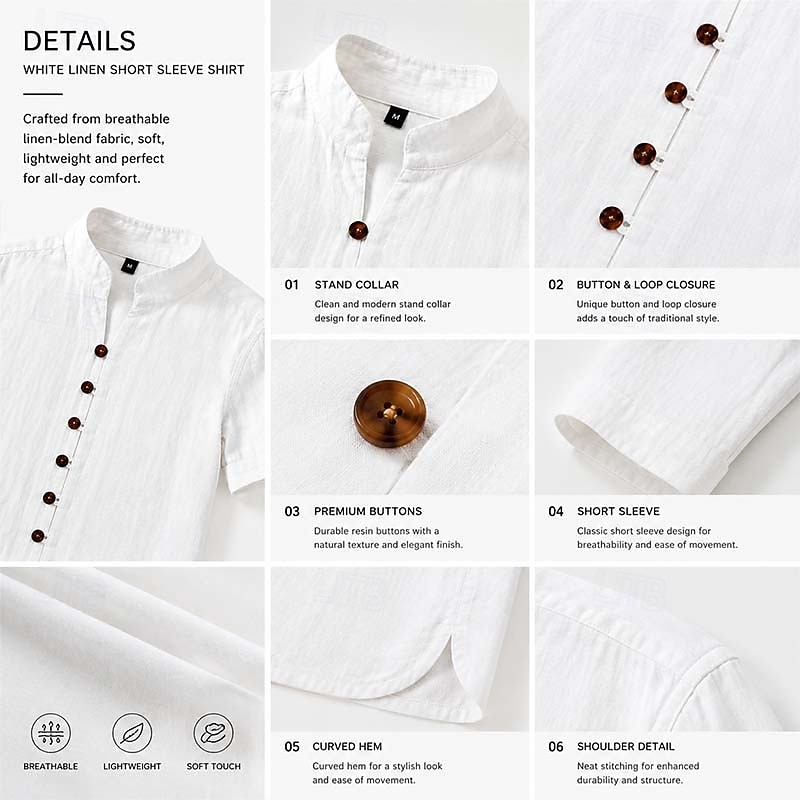 Men Linen Shirt Summer Shirt Beach Wear Button Up Shirt Plain Casual Vacation Black White Pink Sky Blue Short Sleeve Stand Collar Spring & Summer Summer Clothing Apparel Buttons 2026 - $24.99 –P3