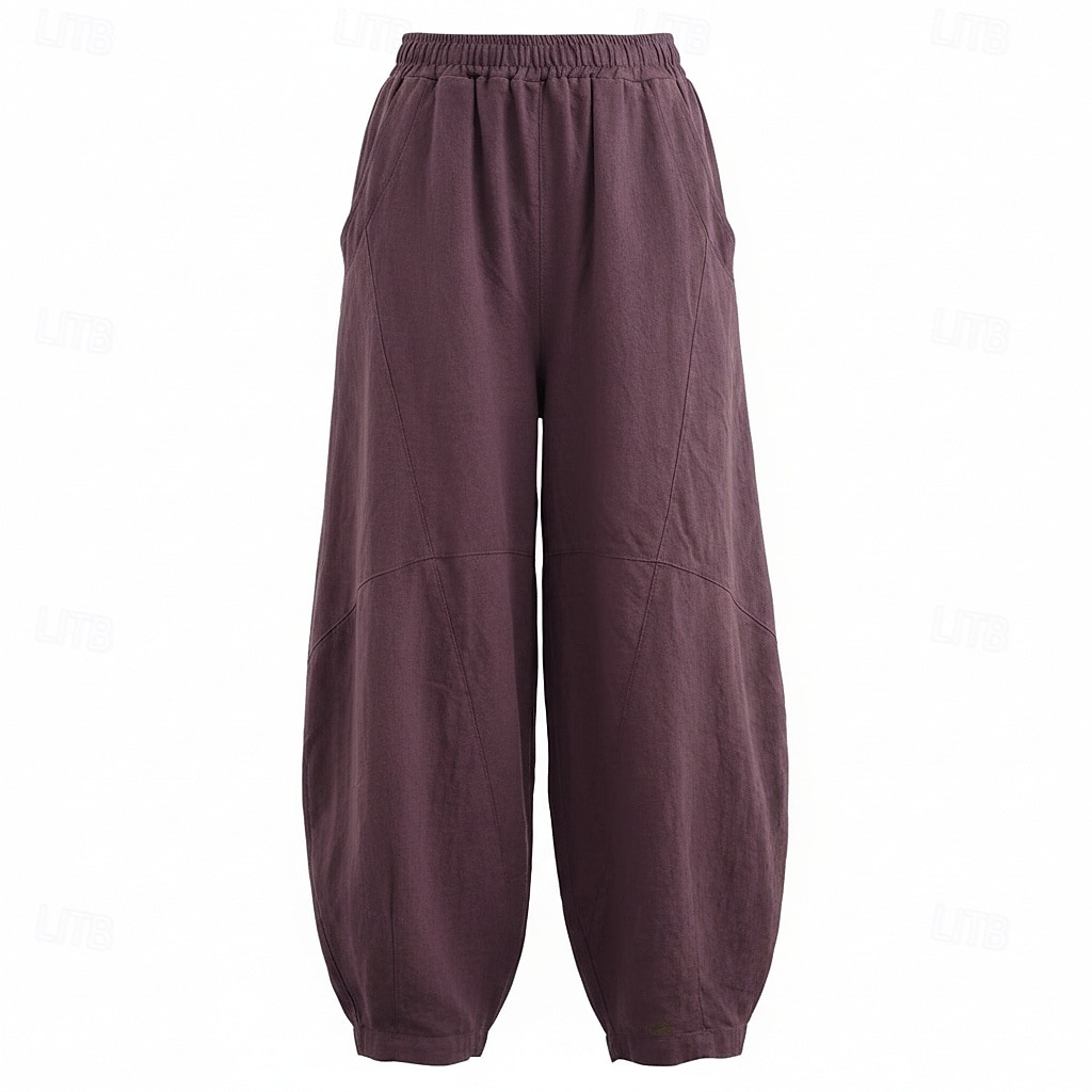 Pantalones bombachos de lino para mujer, cintura media, largo completo, bolsillo, cintura elástica, vacaciones, azul arroz 2026 - $49.99 –P8