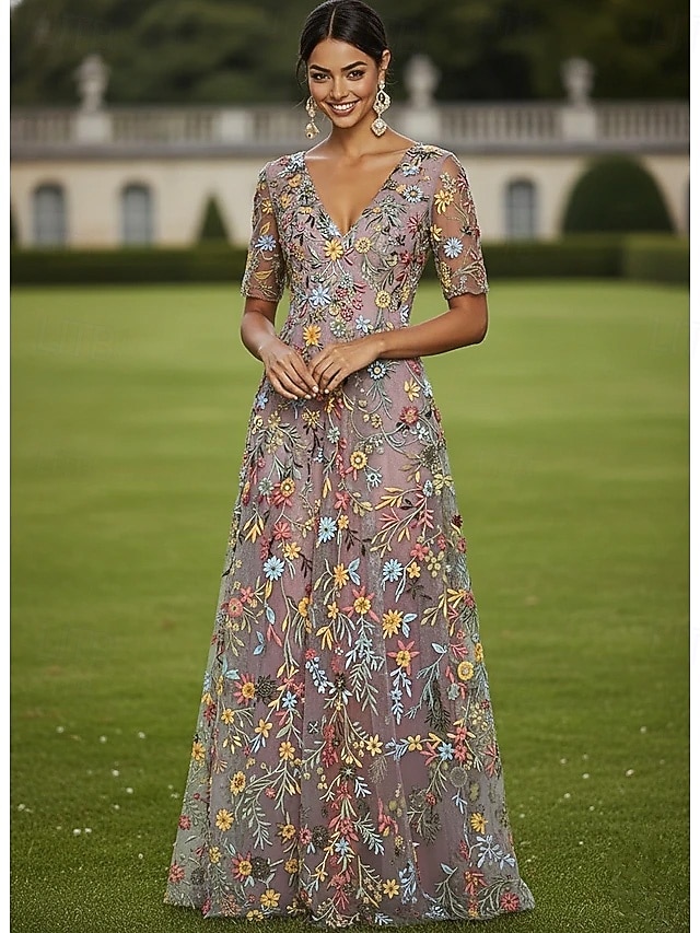 Corte A Vestidos Hasta el Suelo Vestido de Fiesta Vestido Cóctel Vestido de Madrina Media Manga Escote Elegante Vintage Lujoso Formal Invitado a la boda El derby de Kentucky Tul con Estampado flor 2026 - $182.99 –P1