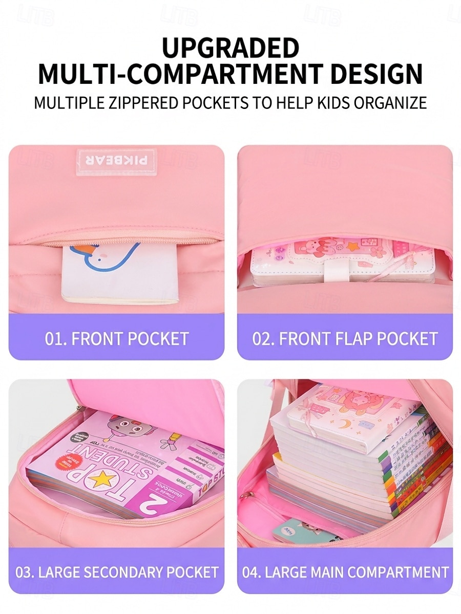 Girls Backpack Set 2PCS Water-Resistant School Backpack with Pencil Bag, Large Capacity Multi-Pocket Polyester Bookbag, Reflective Safety Strips, Pink Purple Off-White, Ideal for Elementary Middle Sch 2026 - $32.99 –P11