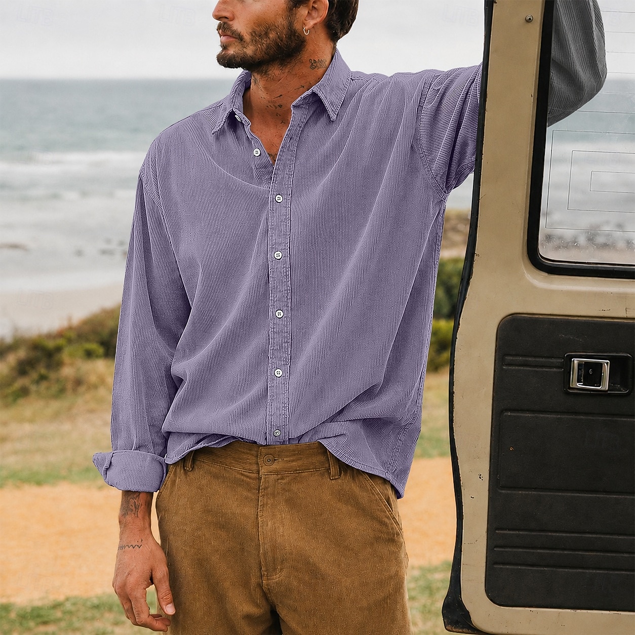 Men Shirt Casual Shirt Corduroy Shirt Button Up Shirt White Dark Brown Black Navy Blue Purple Long Sleeve Plain Shirt Collar Casual Daily Plain Clothing Apparel Elegant Fashion Casual 2026 - $29.99 –P2