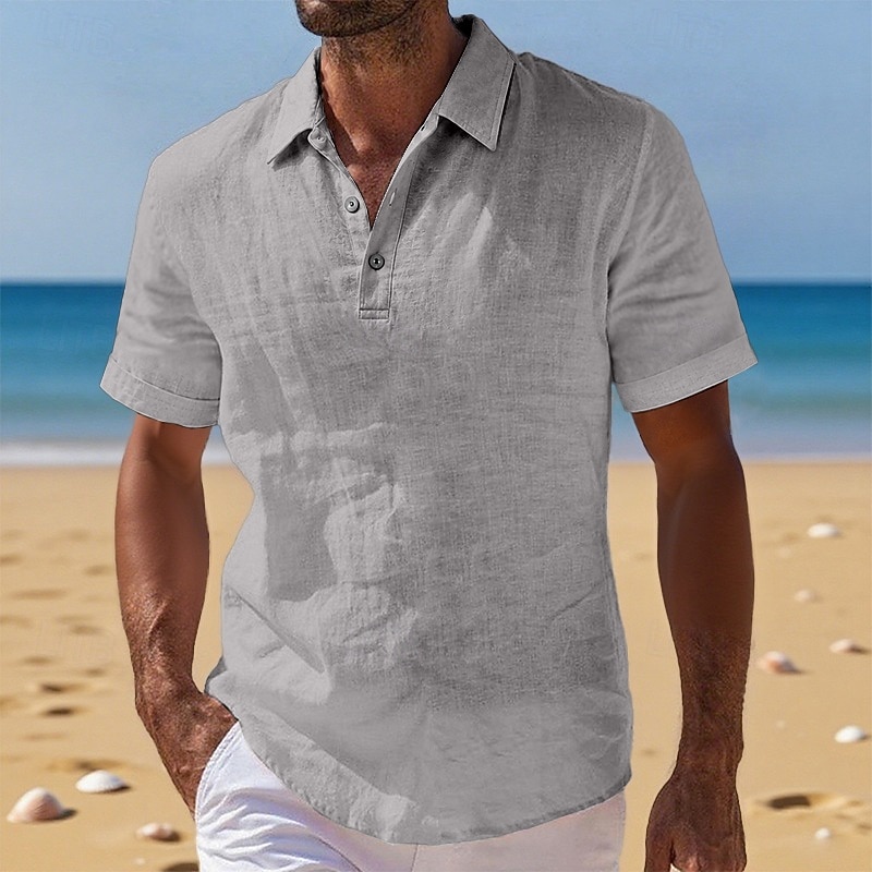 Men Shirt Linen Shirt Popover Shirt Summer Shirt Beach Wear Plain Casual Vacation Black Khaki Gray Short Sleeve Shirt Collar Summer Spring Clothing Apparel 2026 - $21.99 –P2