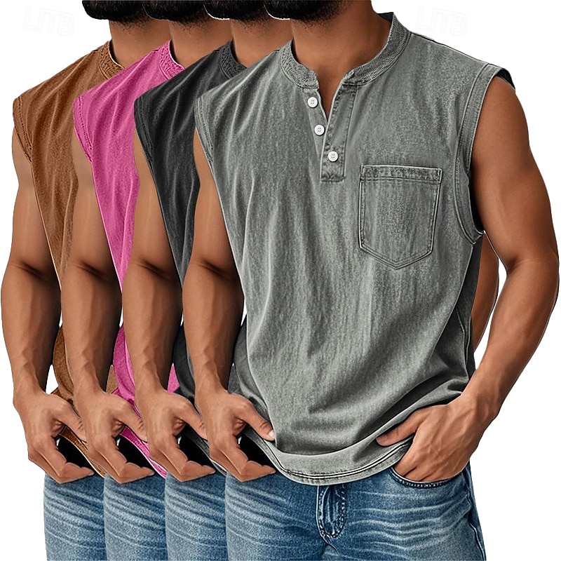 Men's 4-PCS Vest Top 100% Cotton Acid Wash Shirt Acid Wash Shirt Sleeveless Henley Summer Spring Plain Fashion Designer Basic Garment Dyed Vintage Washed Vacation Street Going out Top Tee for Men 2026 - $91.99 –P11