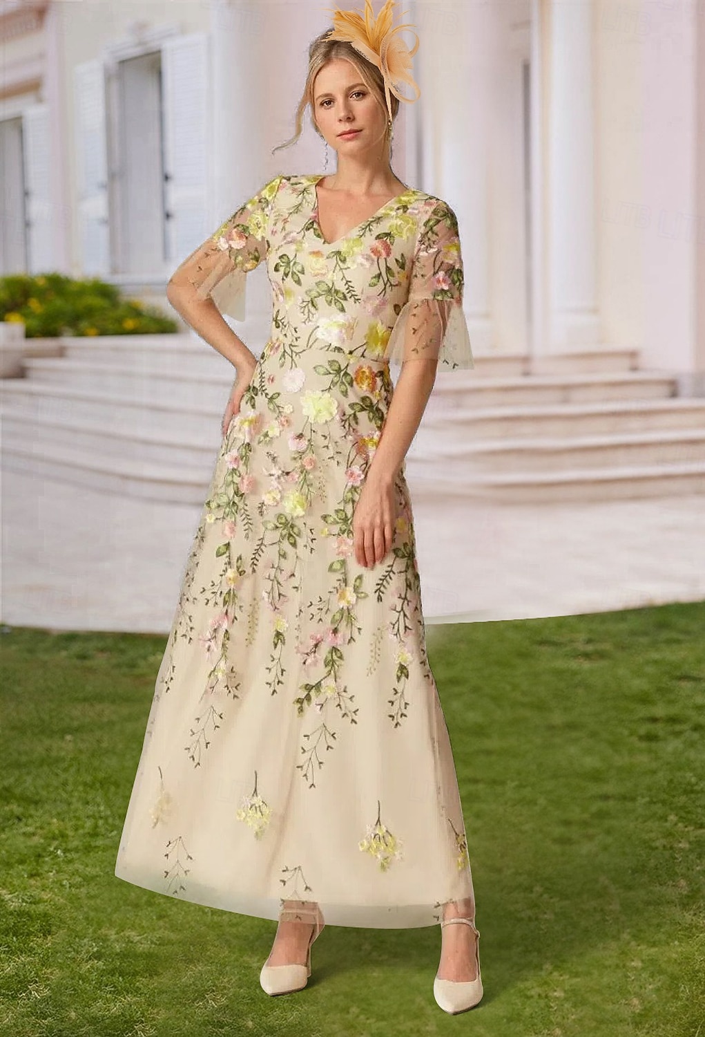 A-Line Dress Ankle Length Party Dress Cocktail Dress Wedding Guest Dress Mother of the Bride Dress Short Sleeve V Neck Elegant Vintage Formal Tulle with Embroidery Appliques Flower 2026 - $195.99 –P2