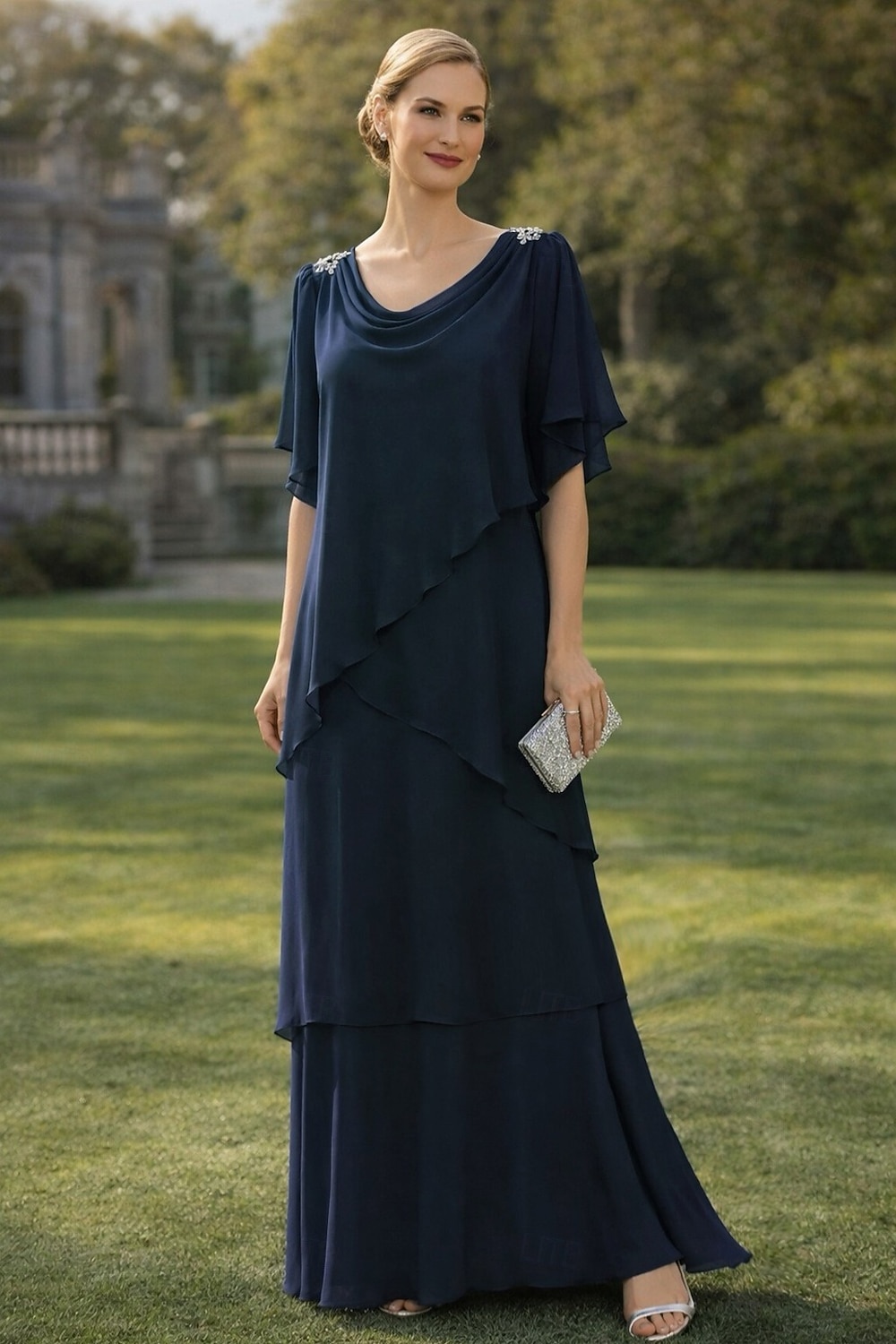 A-Linie Bodenlang Kleid für Hochzeitsgäste Stufenkleid Abendkleid Brautmutterkleid Kurzarm Wasserfallausschnitt Elegant Formell Hochzeitsgast Semi-Formal Chiffon mit Rüschen Drapierung Stufen 2026 - $171.99 –P5
