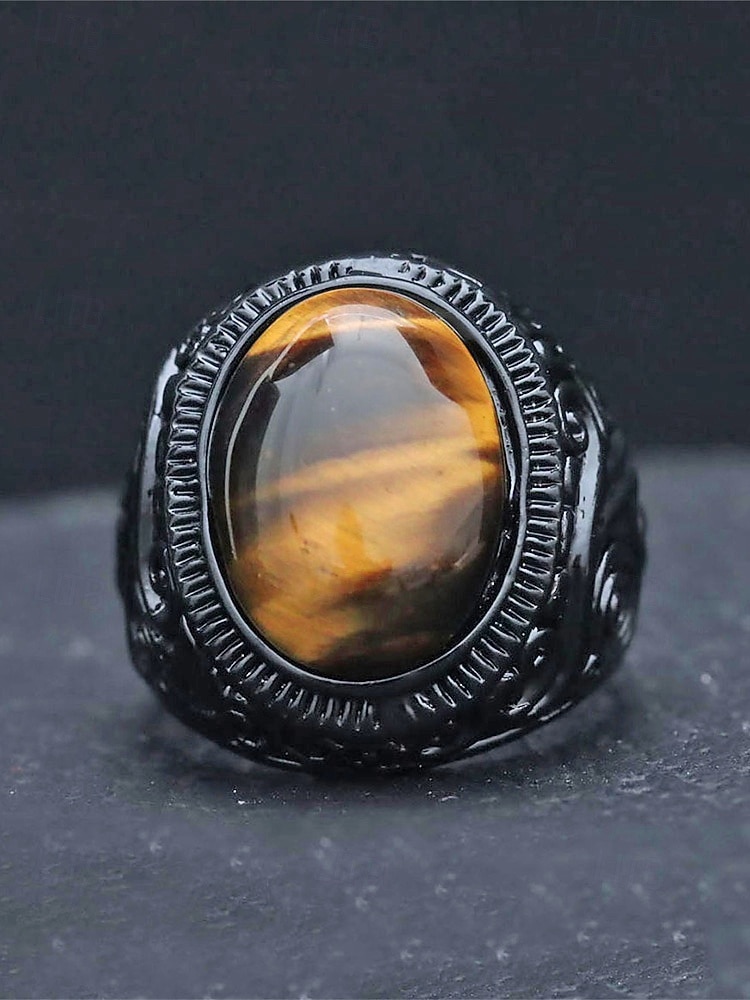 Anello da uomo vintage con pietra occhio di tigre, fascia in lega nera incisa, anello di tendenza in stile etnico bohémien, gioiello maschile per i viaggi estivi, casual &abbigliamento da festival del 2026 a $7.99 –P5