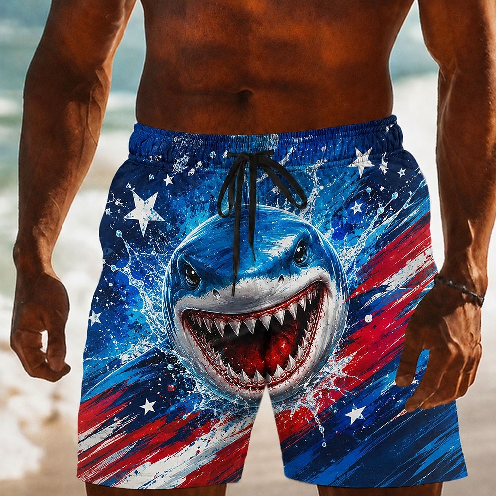 2026 250º Pantalones Cortos de Baño con Bandera Americana Tiburón para Hombre Trajes de Baño Pantalones Cortos de Playa Cortos de Media Cintura Patrióticos Diarios al Aire Libre Festival Bolsillos 2026 - $20.99 –P2