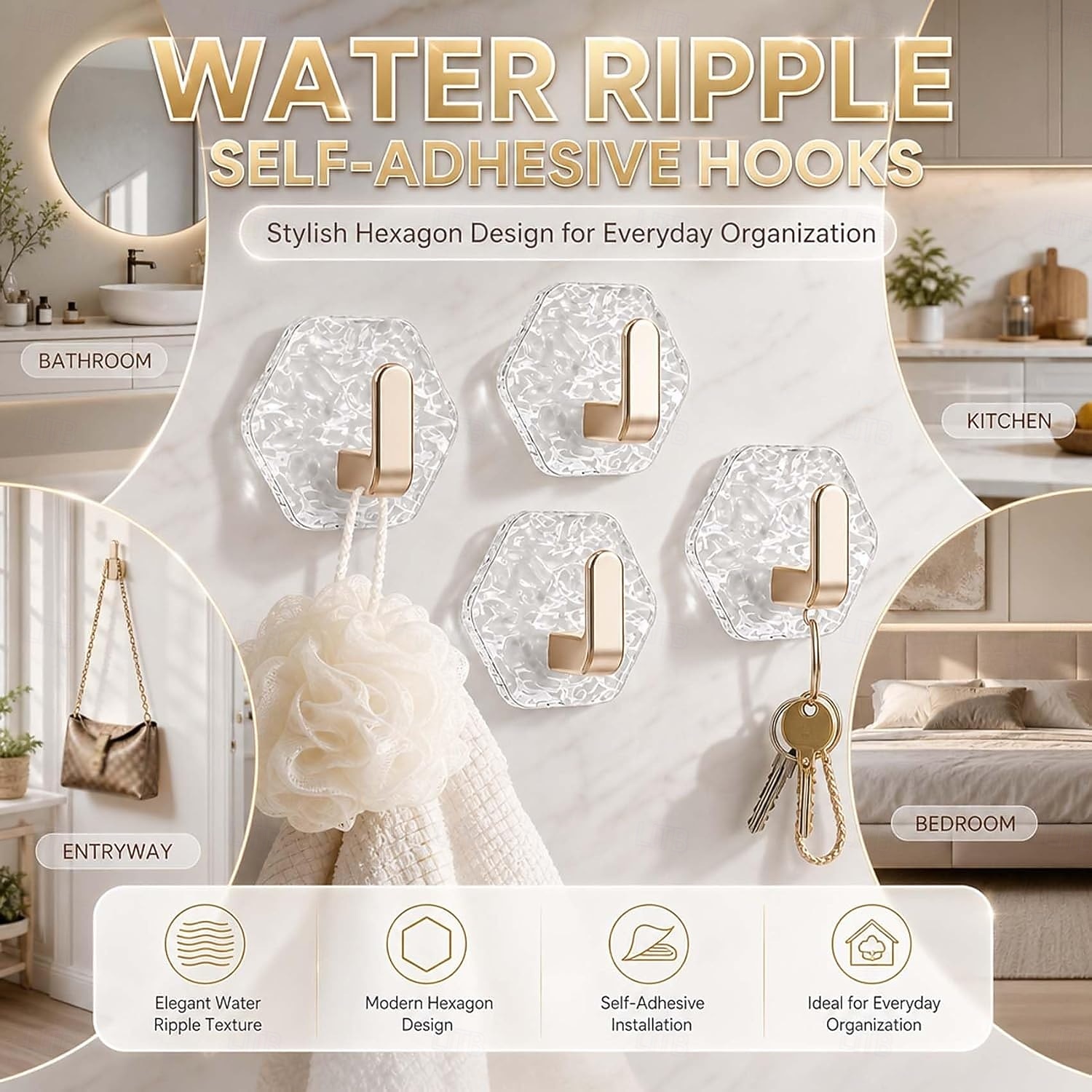 15/20 PCS Water Ripple Hexagonal Self Adhesive Hooks, No-Drill Waterproof Wall Hooks for Bathroom Kitchen, Heavy Duty Acrylic Glacier Ripple Hook for Towels Keys & Home Decor 2026 - $11.99 –P9