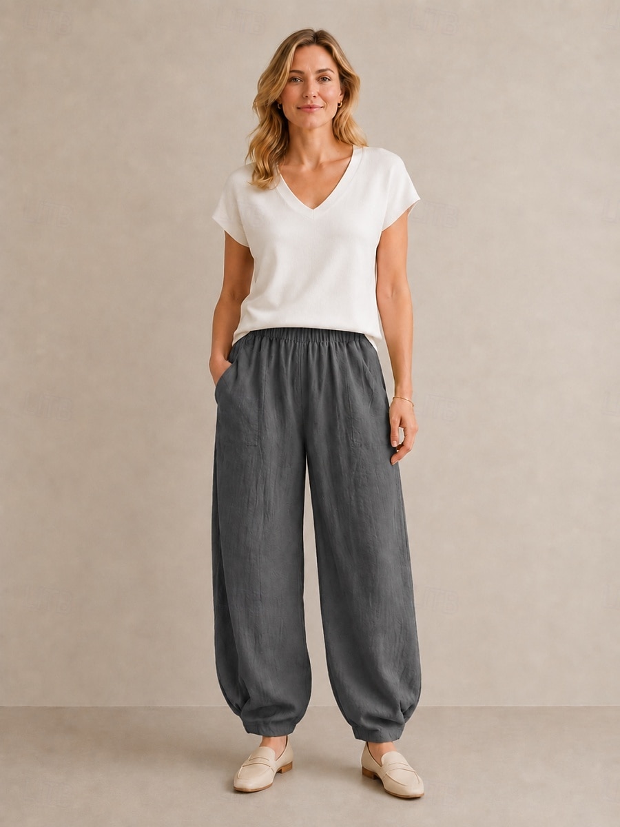 Pantalon bloomer en lin pour femme, taille mi-haute, longueur cheville, poche, ceinture élastique, idéal pour les vacances de 2026 ? $49.99 –P8