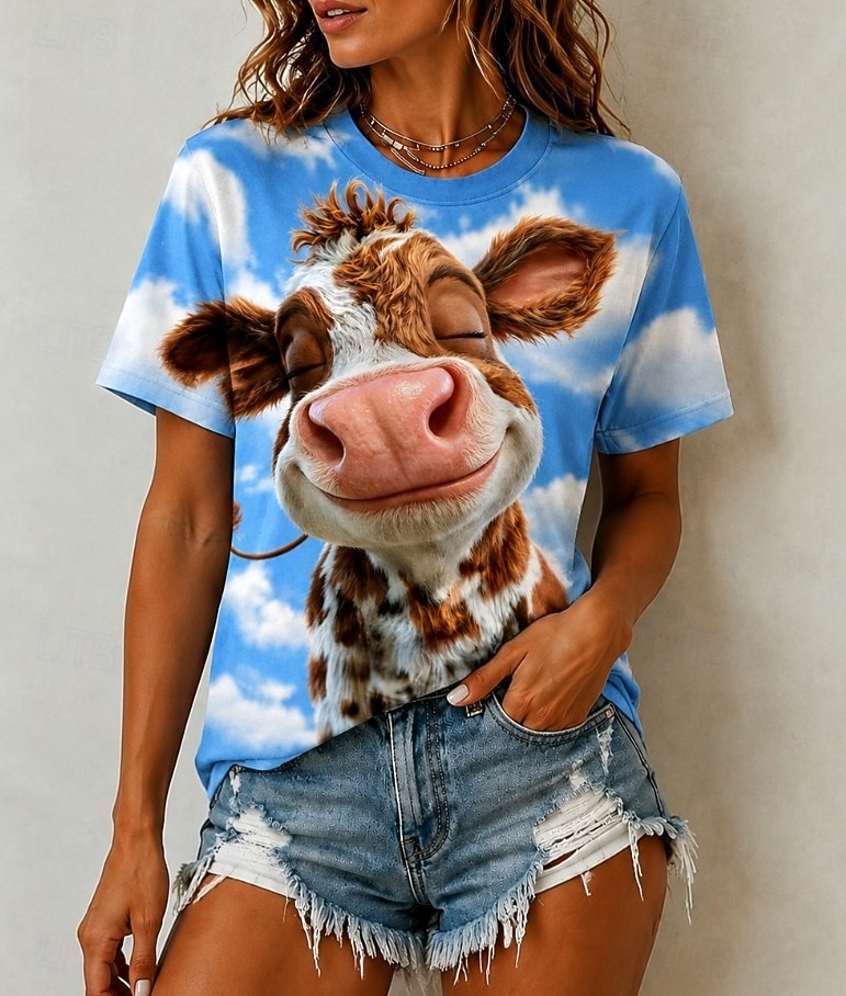 Women's T Shirt Color Block Print Graphic Animal Giraffe Vintage Stylish Classic Short Sleeve Crew Neck Long Tops Casual Daily Blue White Black Purple Summer Spring 2026 - $21.99 –P4