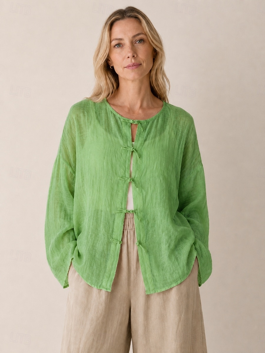 camicetta da donna 100% lino a maniche lunghe con bottoni, girocollo, vestibilità regolare, stile vintage, ideale per le vacanze, disponibile nei colori nero, rosa, rosso e verde, per l'estate e la primavera. del 2026 a $52.99 –P8