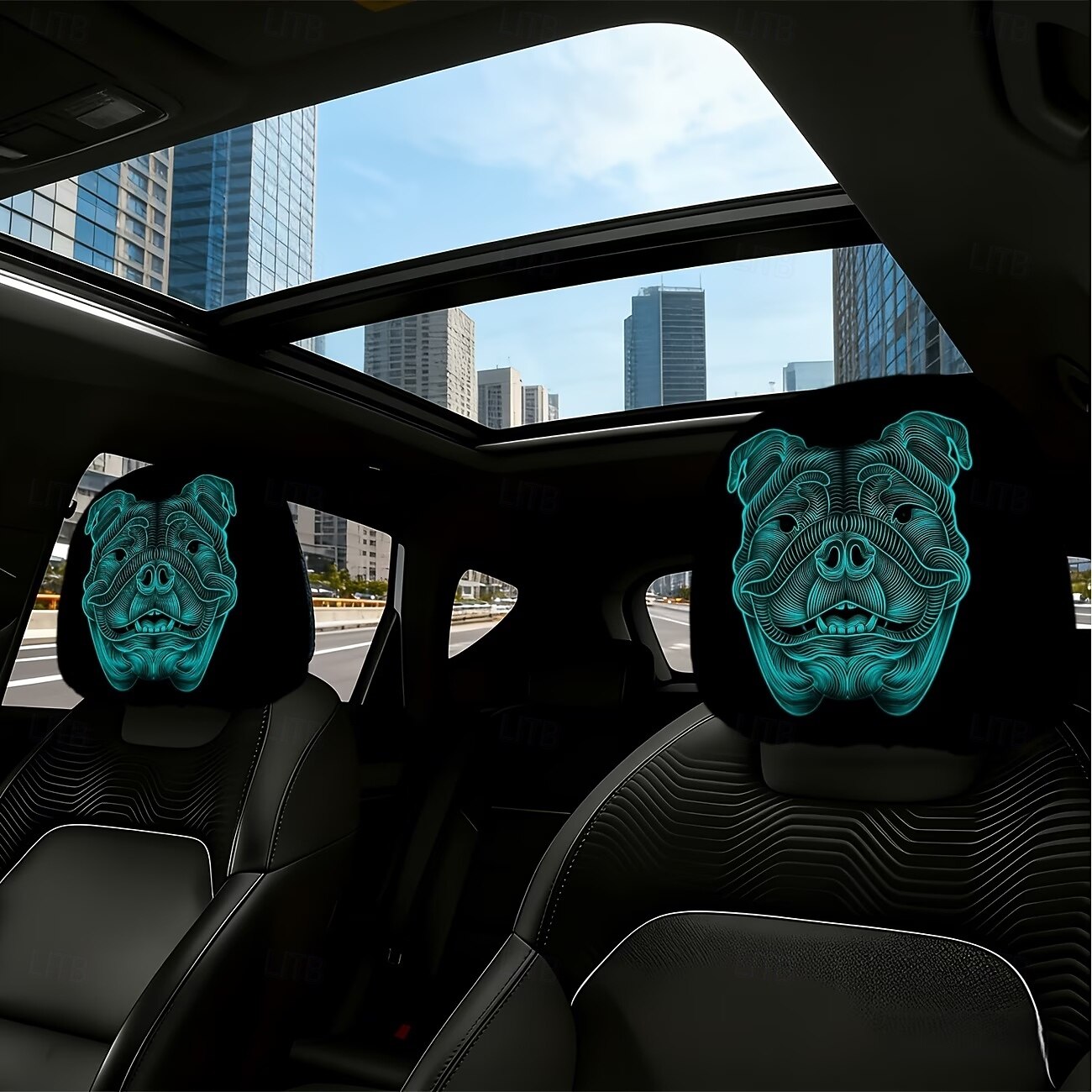 2/4 kpl fluoresoivia bulldog-päänsuojat autoon, trendikäs neonkallokuosi, personoitu auton sisustus, yleismalli, sopii päivittäisiin työmatkoihin, pitkän matkan ajoon, auton lepotuoliin 2026 - $16.99 –P4