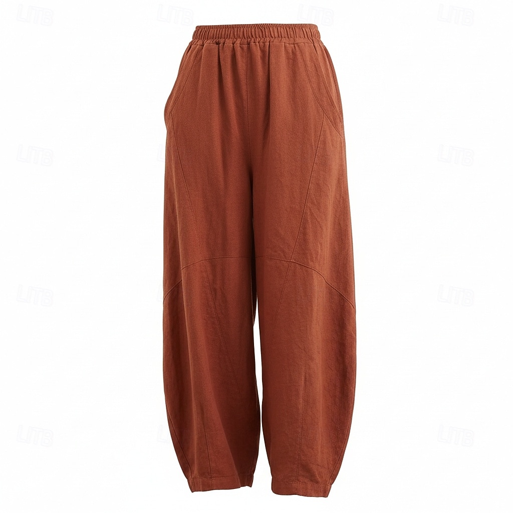 Pantalones bombachos de lino para mujer, cintura media, largo completo, bolsillo, cintura elástica, vacaciones, azul arroz 2026 - $49.99 –P5
