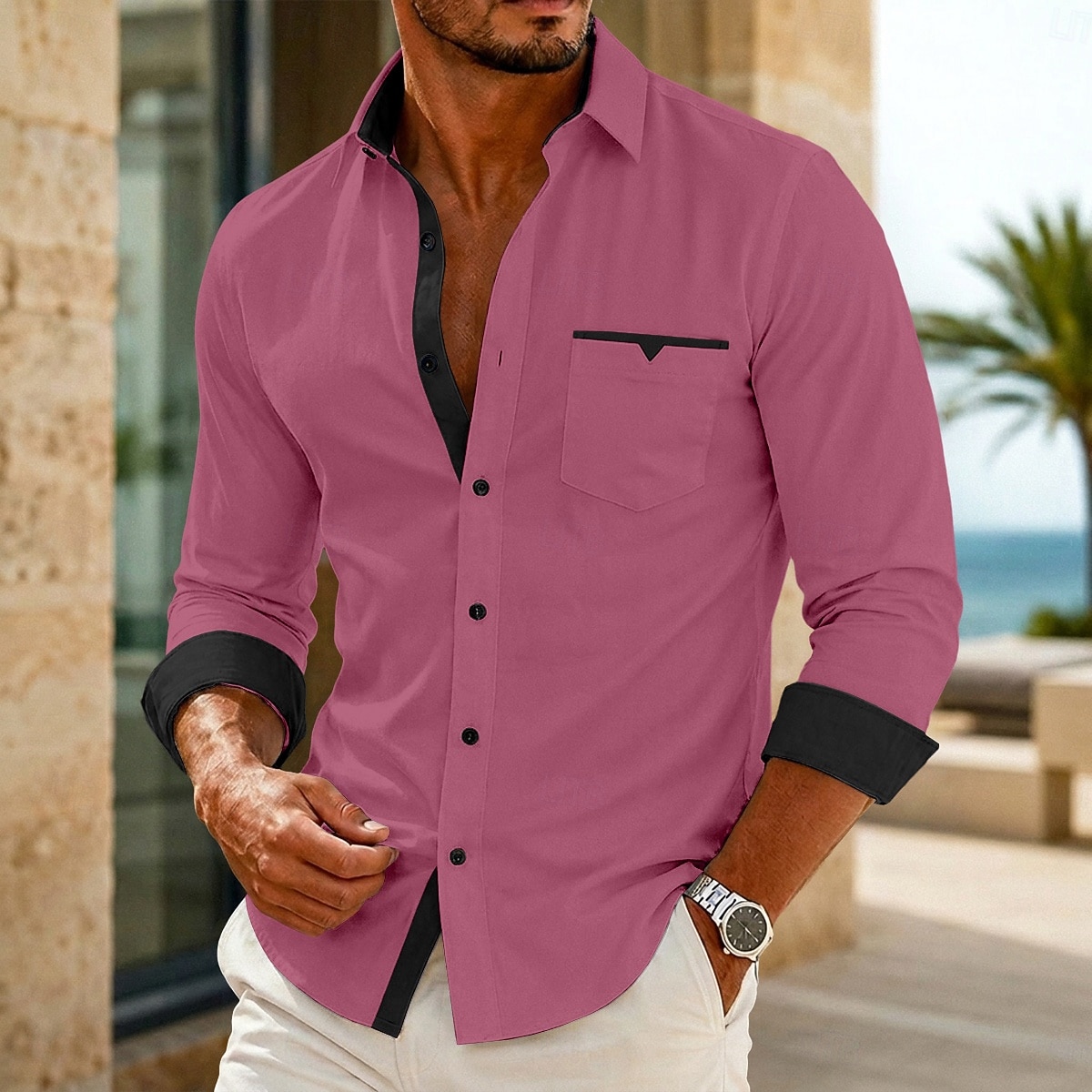 Homens Camisa Social Saia camisa de botão Camisa não de ferro Bloco de cor Casual Diário Azul Branco Preto Rosa Manga Longa Aberto para a Lateral Primavera Primavera & Outono Roupa Patchwork de 2026 por $22.99 –P7
