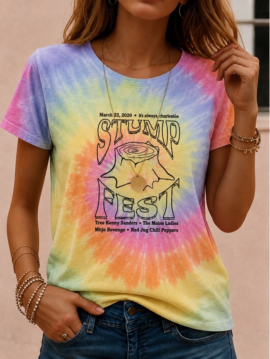 Women's T Shirt Print Ombre Tie Dye Casual Short Sleeve Round Neck Regular Tops Casual Daily Yellow Rainbow Apricot Summer Spring Fall Winter 2026 - $21.99 –P1