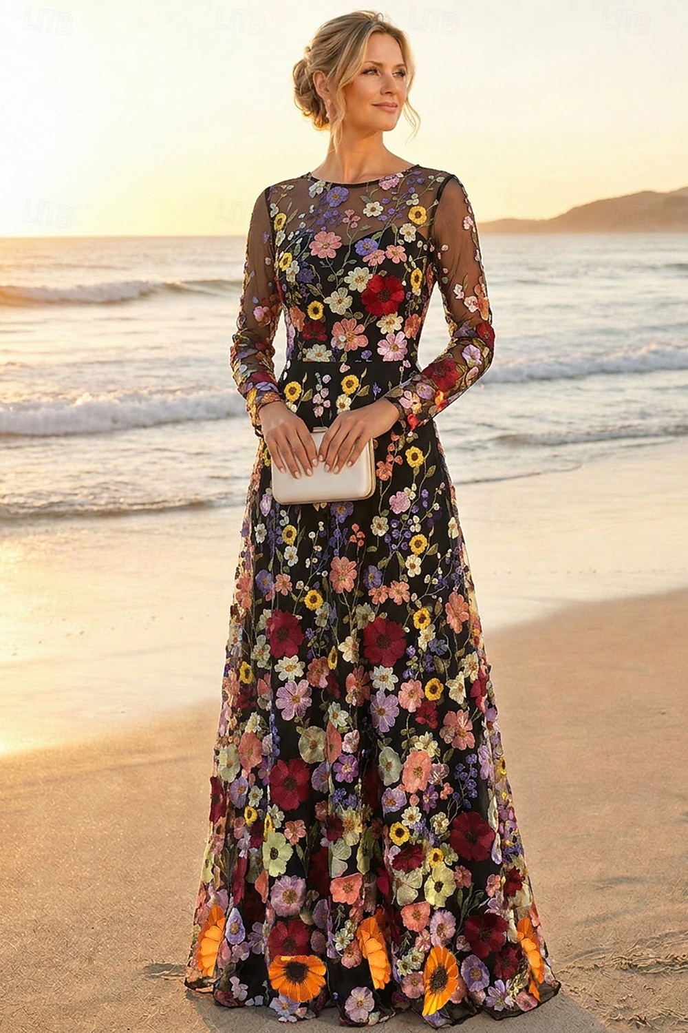 A-Linie Kleid Bodenlang Brautmutterkleid Langarm Rundhalsausschnitt Elegant Vintage Einfach Formell Hochzeitsgast Semi-Formal Spitze Tüll mit 3D-Blumen Stickerei Applikationen 2026 - $182.99 –P5