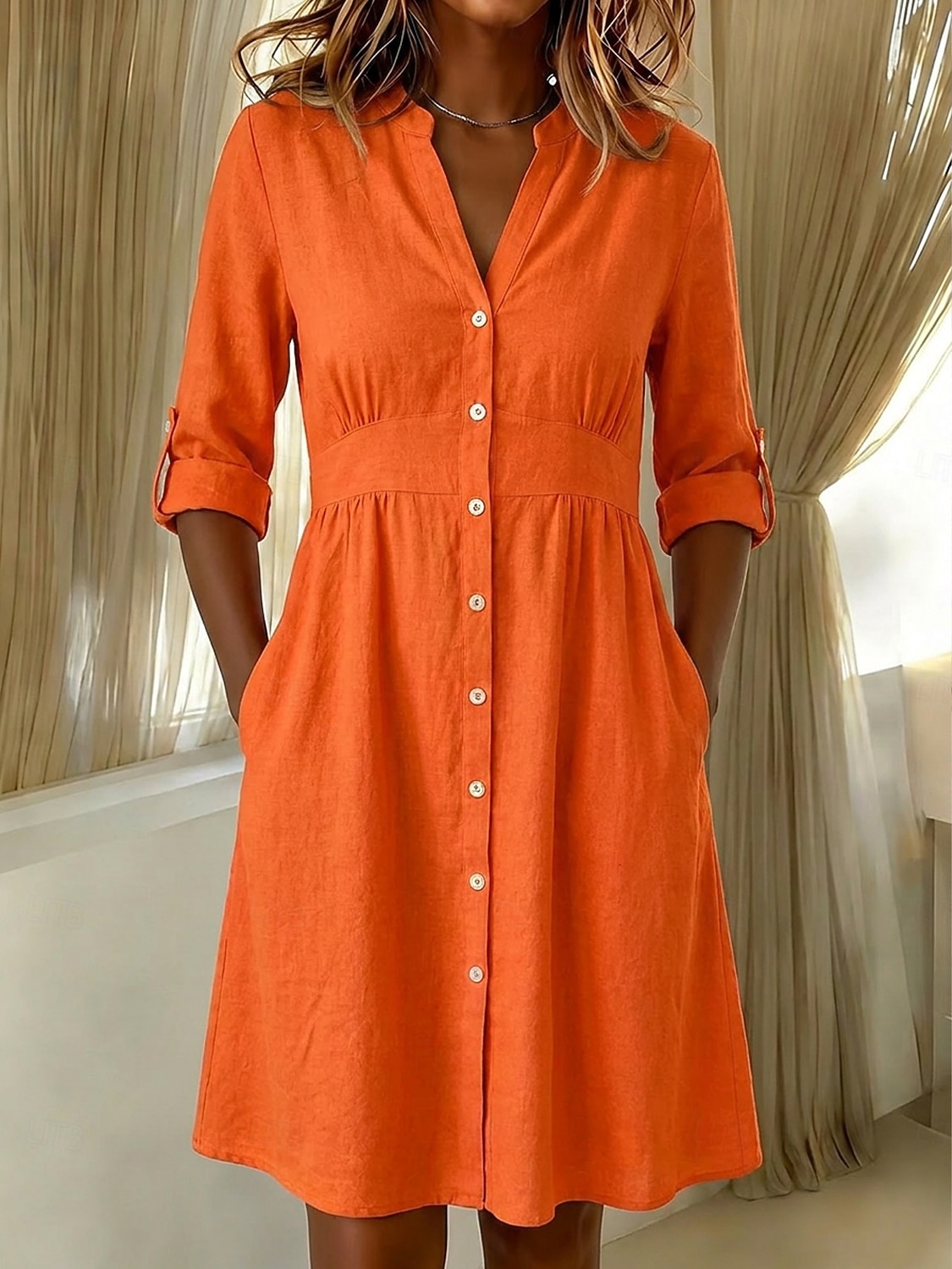 Damen Knielanges Kleid Baumwoll-Leinen-Kleider Hemdblusenkleid Elegant Urlaub Klassisch Täglich Büro Urlaub Normale Passform Einfach Langarm V Ausschnitt Rote Marineblau Orange Sommer Frühling 2026 - $18.49 –P6