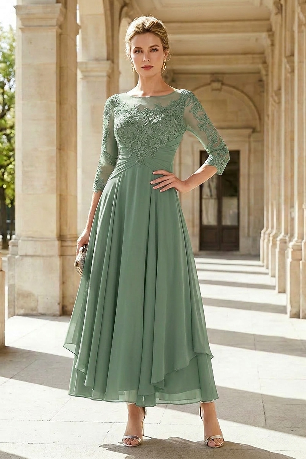 A-Line Ankle Length Party Dress Cocktail Dress Wedding Guest Dress Mother of the Bride Dress 3/4 Length Sleeve Jewel Neck Elegant Plus Size Wedding Guest Wedding Party Chiffon Lace with Ruched Sequin 2026 - $195.99 –P11