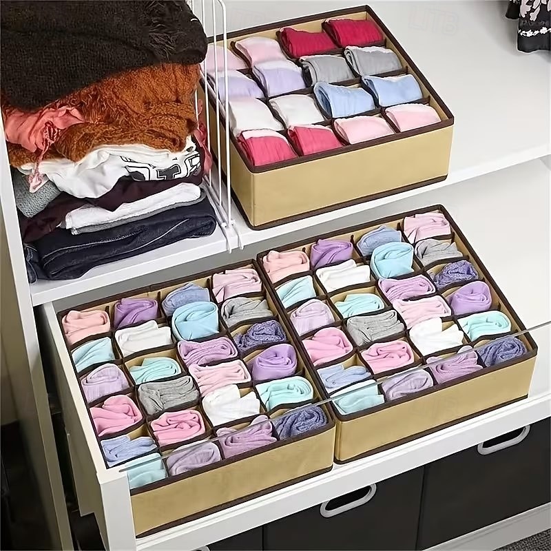 Paquete de 2 organizadores de cajones plegables de 24 compartimentos con ganchos: caja portátil para guardar calcetines y ropa interior, ideal para cables y mandos a distancia. Solución de 2026 - $14.49 –P1