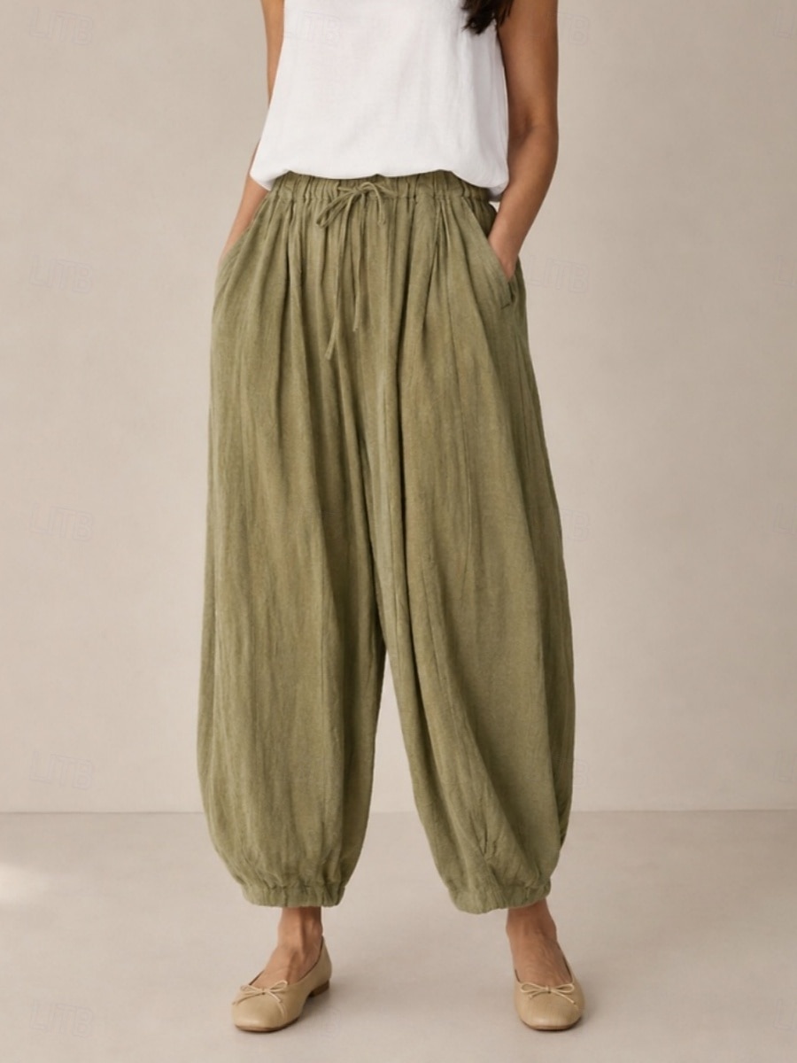 Calça lanterna feminina de linho orgânico com cintura elástica e bolsos. de 2026 por $49.99 –P1
