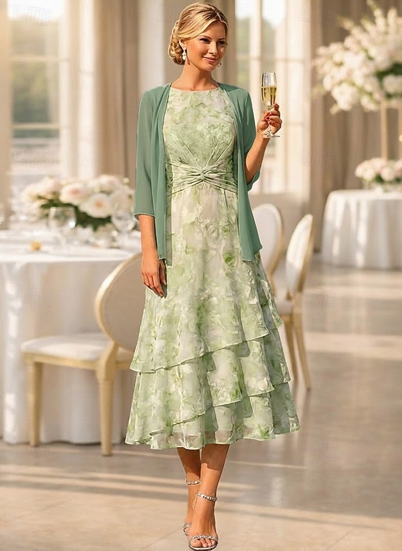 Two Piece A-Line Tea Length Wedding Guest Dress Mother of the Bride Dress Sleeveless 3/4 Length Sleeve Crew Neck Elegant Simple Minimalist Formal Semi Formal Chiffon Jacquard with Floral Print Ruched 2026 - $182.99 –P11