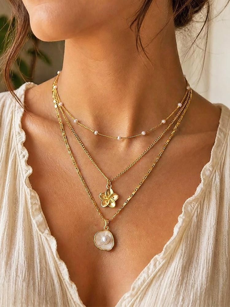 Women's 3PCS Layered Necklace Set, Gold Alloy & Faux Pearl Triple Strand Necklace with Flower and Shell Pendant, Elegant Summer Vacation Jewelry Gift 2026 - $7.99 –P2