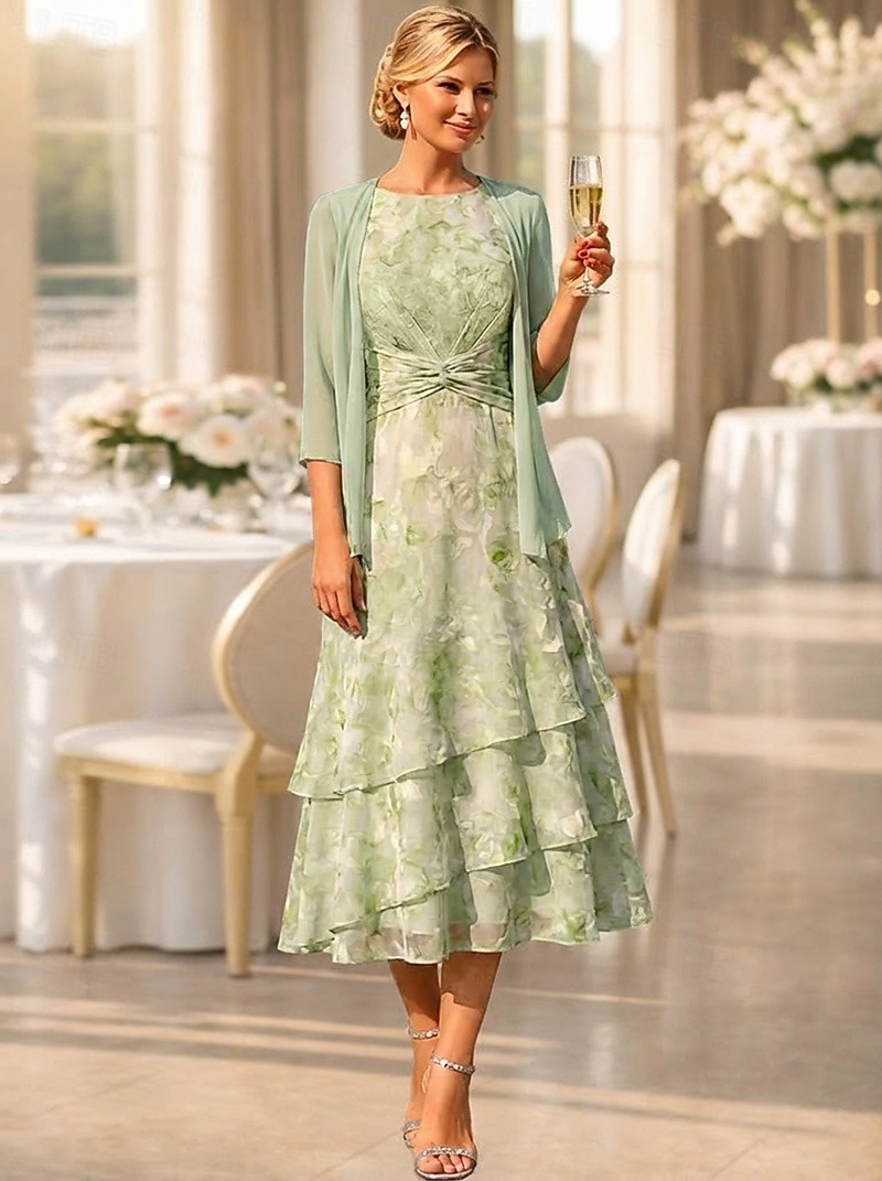 Two Piece A-Line Tea Length Wedding Guest Dress Mother of the Bride Dress Sleeveless 3/4 Length Sleeve Crew Neck Elegant Simple Minimalist Formal Semi Formal Chiffon Jacquard with Floral Print Ruched 2026 - $182.99 –P1