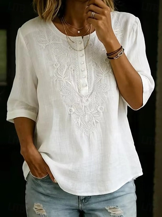 Women's Shirt Eyelet Top Boho Shirt Lace Shirt Lace Embroidered Elegant Bohemia Vacation 3/4 Length Sleeve Long Tops Casual Blue White Yellow Orange Brown Summer Spring 2026 - $24.99 –P8