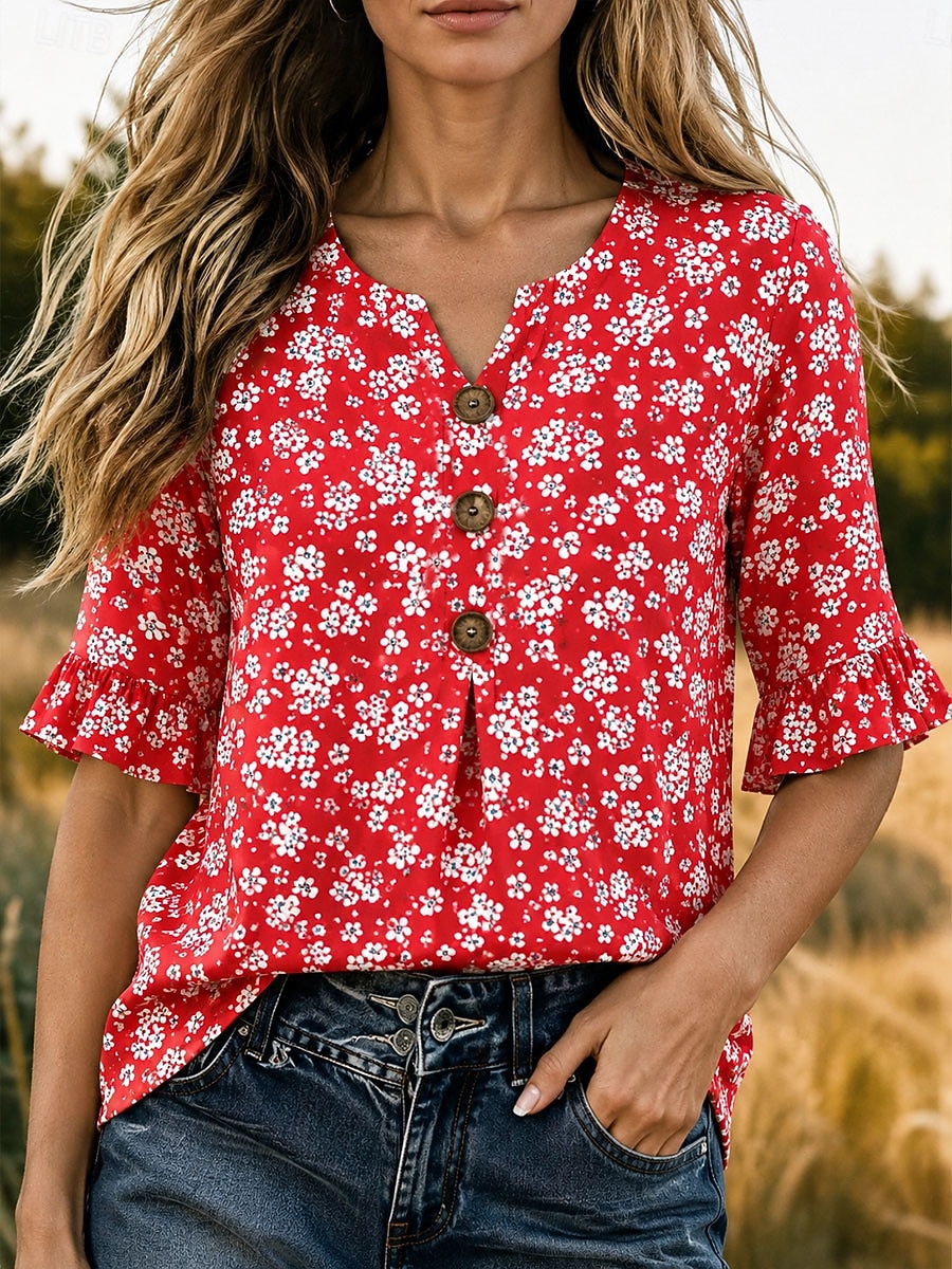 Per donna Camicia Bottoni Stampato Floreale Grafico Vintage Elegante Manica 3/4 Scollo a V Top Regolari Casuale Quotidiano Ferie Rosa Rosso Verde Estate Primavera del 2026 a $29.99 –P1
