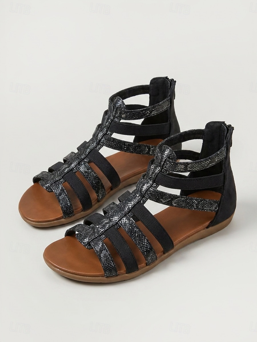Sandálias gladiadoras pretas femininas – sandálias rasteiras confortáveis com tiras elásticas, fecho de zíper na parte de trás, palmilha acolchoada e sola antiderrapante, ideais para viagens, férias e de 2026 por $26.99 –P3