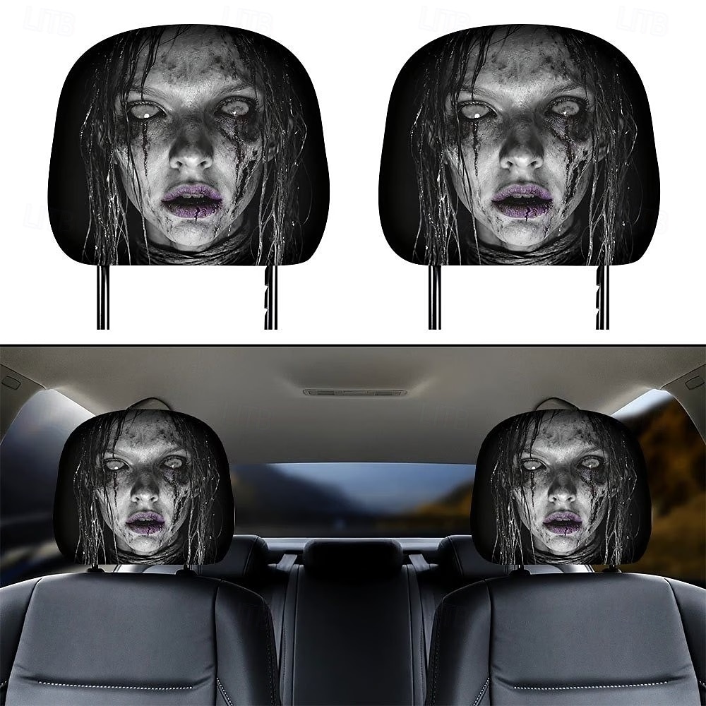 Fundas para reposacabezas de coche con diseño de fantasma con pelo mojado (2/4 unidades), fundas protectoras de reposacabezas de asiento con diseño de terror para Halloween, impresión plana 2D, ajuste 2026 - $16.99 –P1