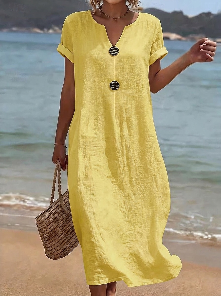 Per donna Abito Midi Abito da Spiaggia Vestito Casual Abito Estivo Essenziale Classico Quotidiano Vacanza Vestibilità comoda Semplice Manica Corta Scollo a V Giallo Rosa Azzurro cielo Estate Primavera del 2026 a $15.99 –P1