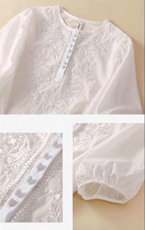 Women's Shirt Eyelet Top Boho Shirt Lace Shirt Lace Embroidered Elegant Bohemia Vacation 3/4 Length Sleeve Long Tops Casual Blue White Yellow Orange Brown Summer Spring 2026 - $24.99 –P6