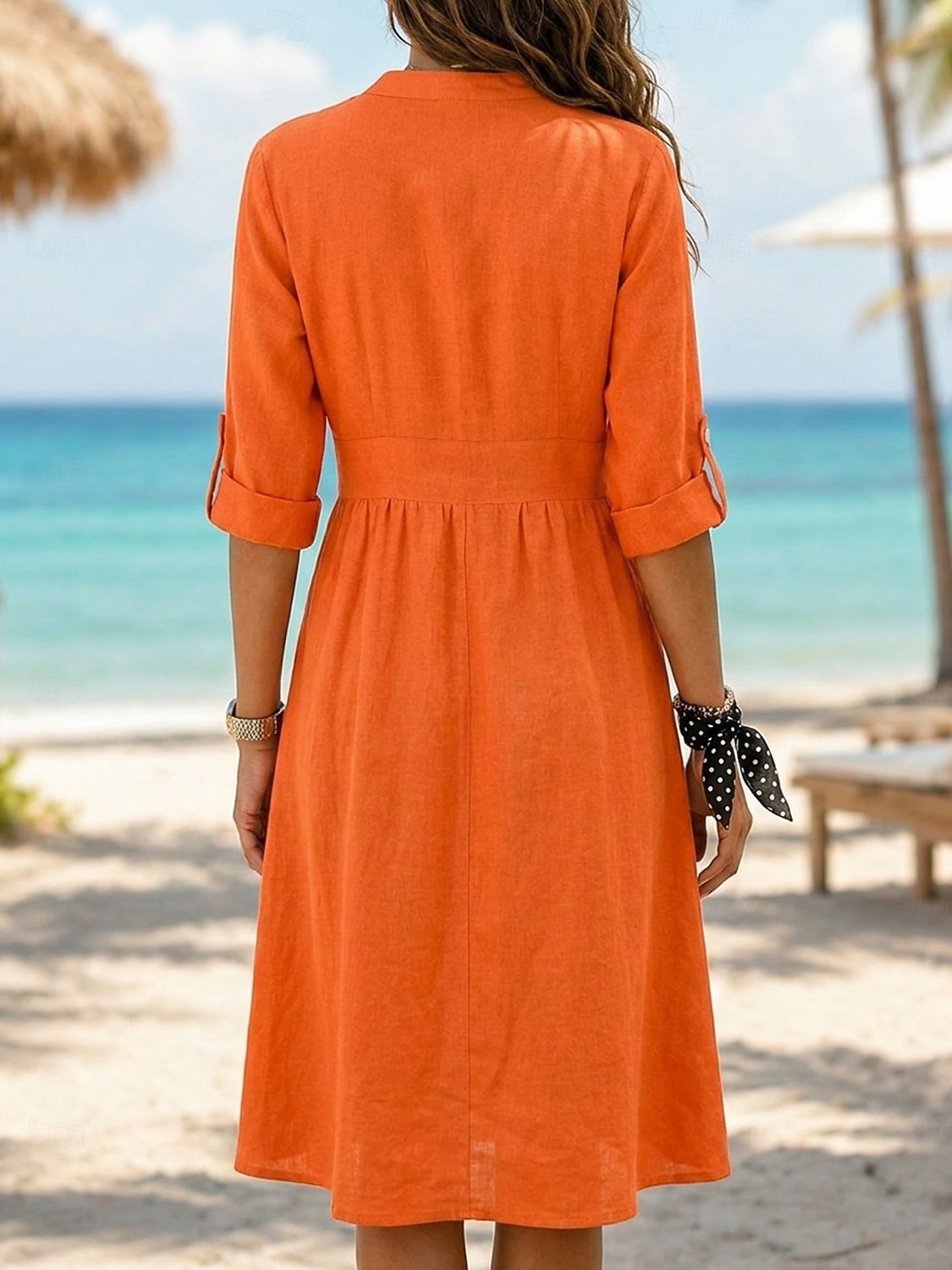 Dames Knielengte jurk Jurken van katoen en linnen Shirtjurk Elegant Vakantie Klassiek Dagelijks Kantoor Vakantie Normale pasvorm Effen Lange mouw V-hals Rood Marineblauw Oranje Zomer Lente 2026 - $41.99 –P9