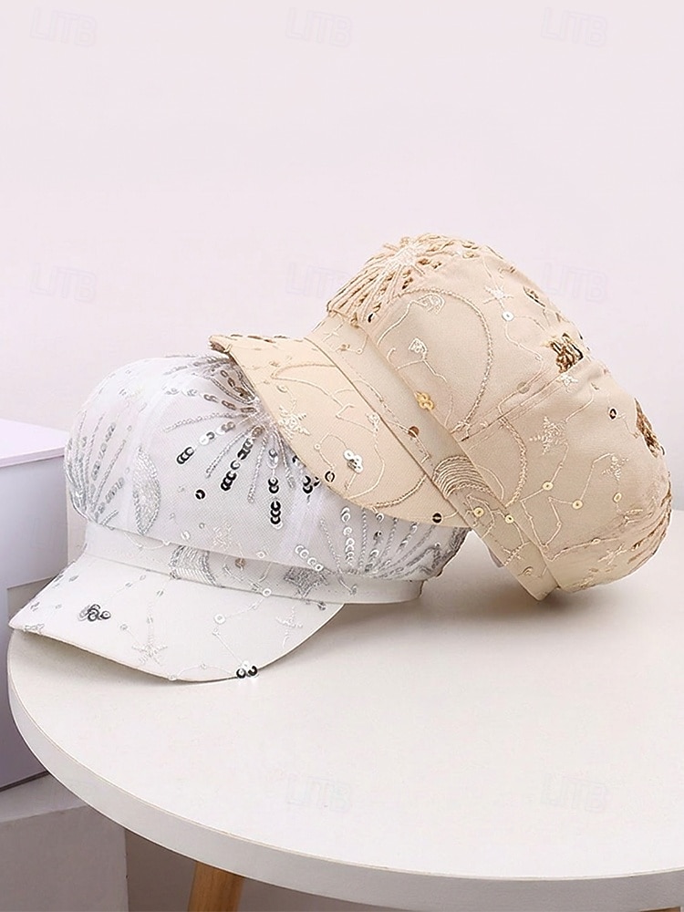 Zomerse pet met pailletten en sterrenmotief voor dames, gemaakt van ademend mesh. &linnenmix, resort &Platte reishoed, champagne goudbeige/wit/zwart, elegante dameshoed 2026 - $14.99 –P5