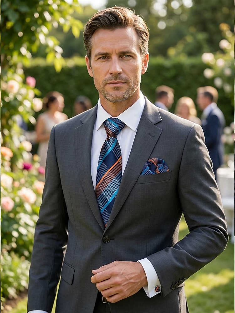 Krawatten-, Einstecktuch- und Manschettenknopfset für Herren, mehrfarbig gemustertes Polyester-Krawattenset für Hochzeiten, Business-Anlässe, formelle Anlässe und Abendgarderobe 2026 - $14.99 –P5