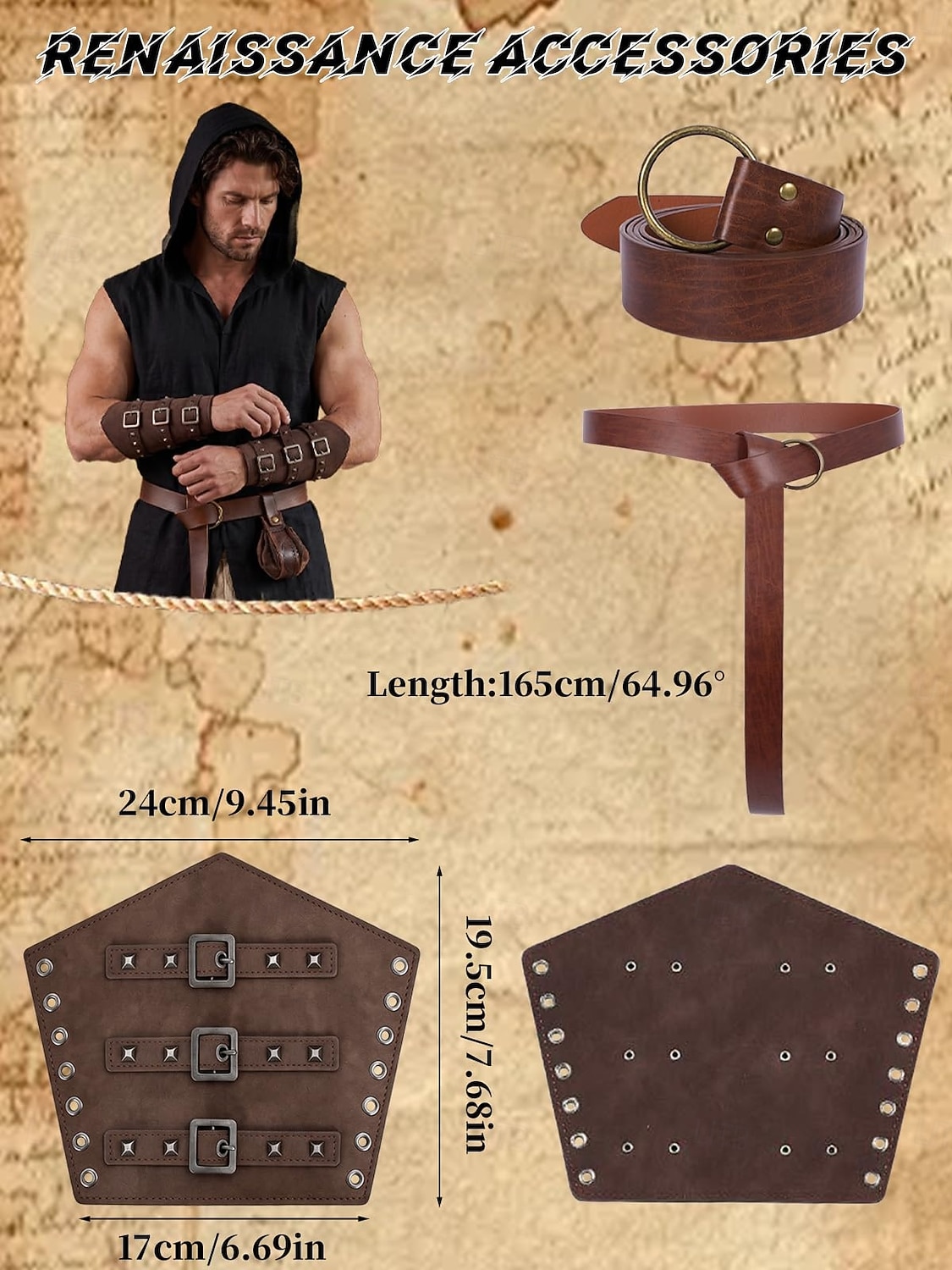 Set Retro Vintage Mittelalterlich Renaissance Weste Taillengürtel Armschützer mit Zubehör Ärmellos Ritter Ranger Kostüm Herren Fantasie Halloween Karneval Renaissance-Messe LARP Erwachsene Weste 2026 - $46.99 –P6