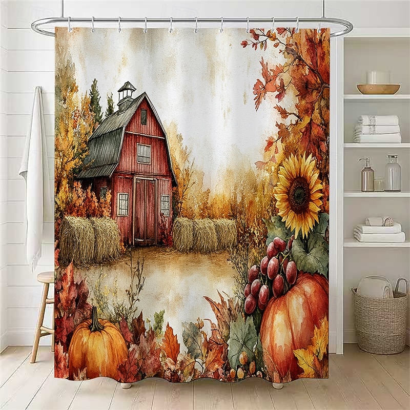 Autumn Harvest Festival Pumpkin Leaf Printed Shower Curtain, Waterproof Fabric Bathroom Decor with 12 Plastic Hooks, Machine Washable 2026 - $26.99 –P5
