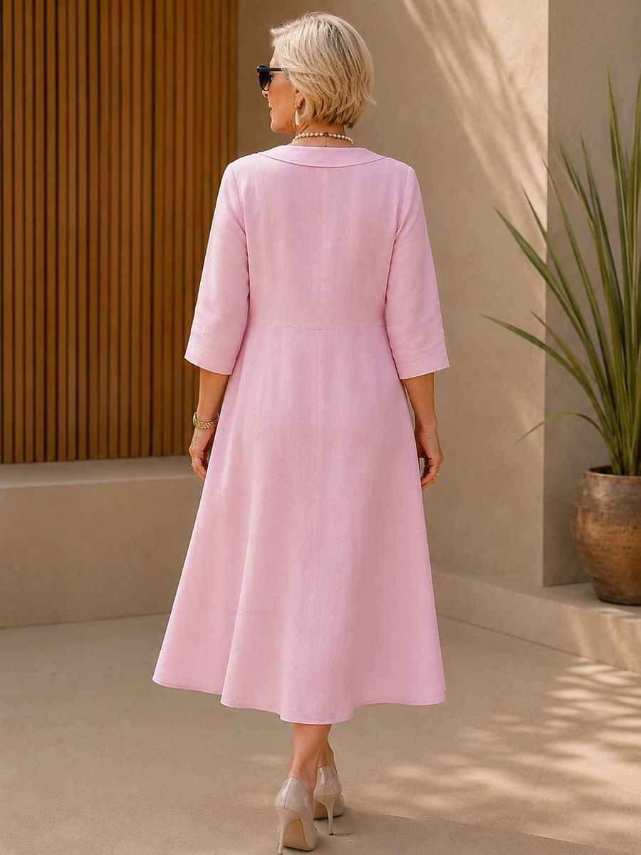 Women's Cotton Linen Midi Dress A Line Dress Summer Dress Casual Regular Fit Plain 3/4 Length Sleeve V Neck Pink Summer Spring 2026 - $47.99 –P2