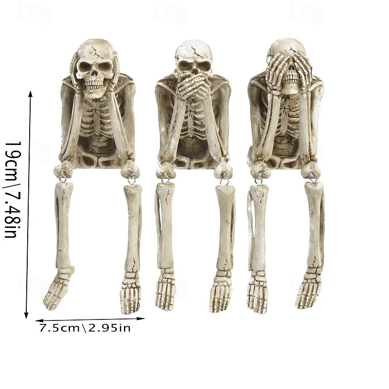 1 stk. halloween-hodeskallestatue, harpiks-skjelett-hyllesittere, sittende figurer hør se snakk ikke ondt til hjemmebokhylle og bordkant, dekorative håndverkspynt for skjelettelskere 2026 - $13.99 –P3
