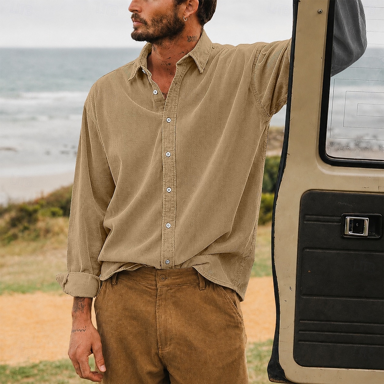 Men Shirt Casual Shirt Corduroy Shirt Button Up Shirt White Dark Brown Black Navy Blue Purple Long Sleeve Plain Shirt Collar Casual Daily Plain Clothing Apparel Elegant Fashion Casual 2026 - $29.99 –P5