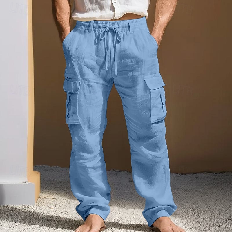 Homens Calças de linho Calças Calça verão Bolso multi Perna reta Tecido Conforto Respirável Comprimento total Diário Ao ar livre Para Noite Moda Roupa de rua Azul Branco de 2026 por $29.99 –P5