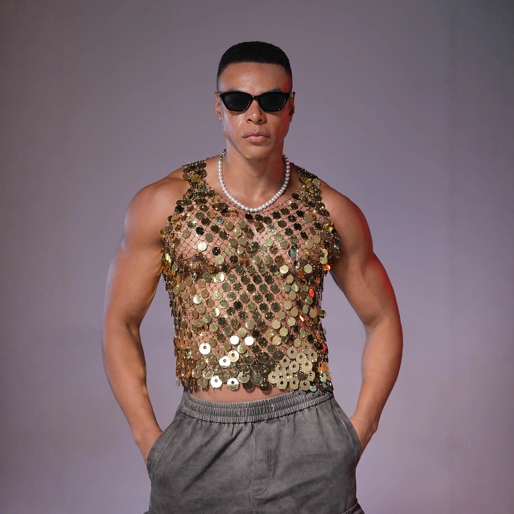 Retro Antiguo Disco Años 80 Top tank Sin Mangas Disco Lentejuelas Metálico Brillante Camiseta con cuello redondo Disfraz Hombre Víspera de Todos los Santos Carnaval Fiesta Club nocturno Adulto 2026 - $37.99 –P1